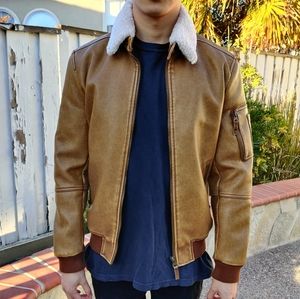 Brown Zara Faux Leather Flight Jacket Fur Collar